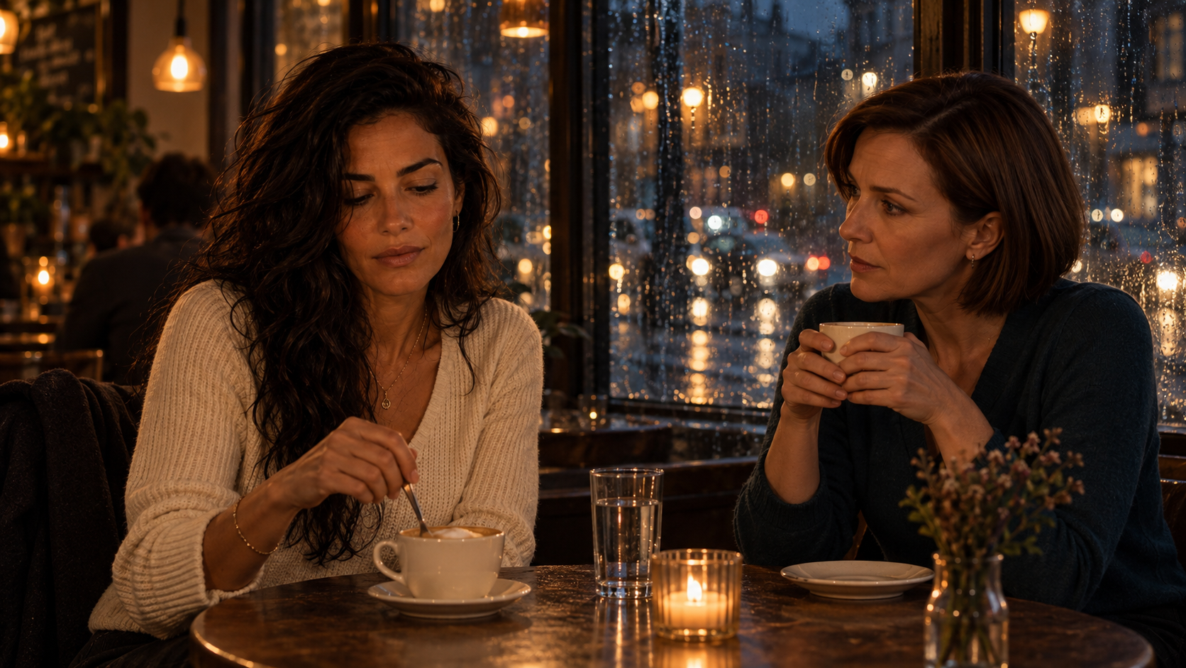 Leya and Marina in a softly lit café on a rainy evening