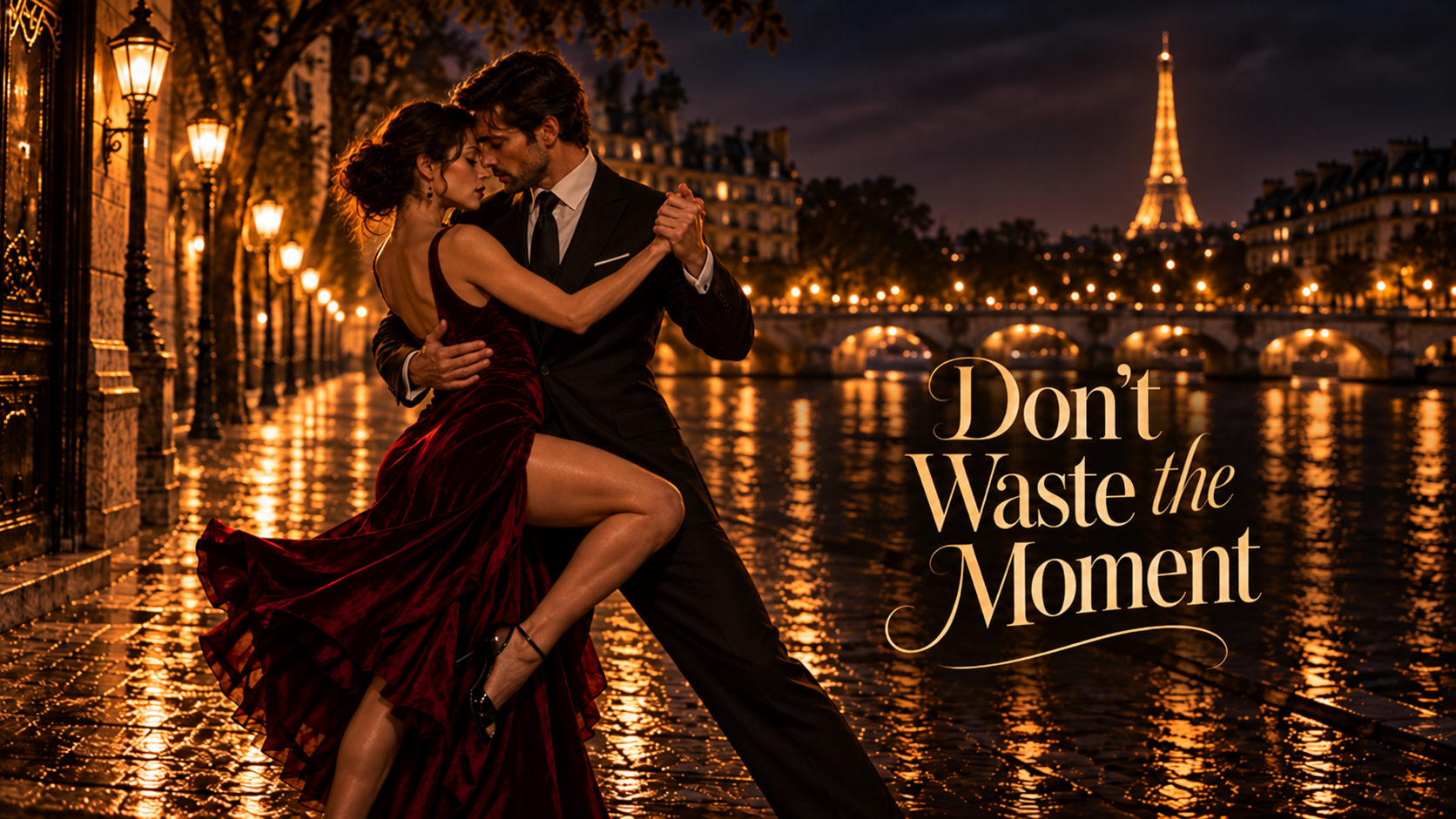 Don’t Waste the Moment cover art: a couple dancing by the Seine at night